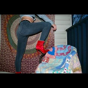 Red satin zip up heels